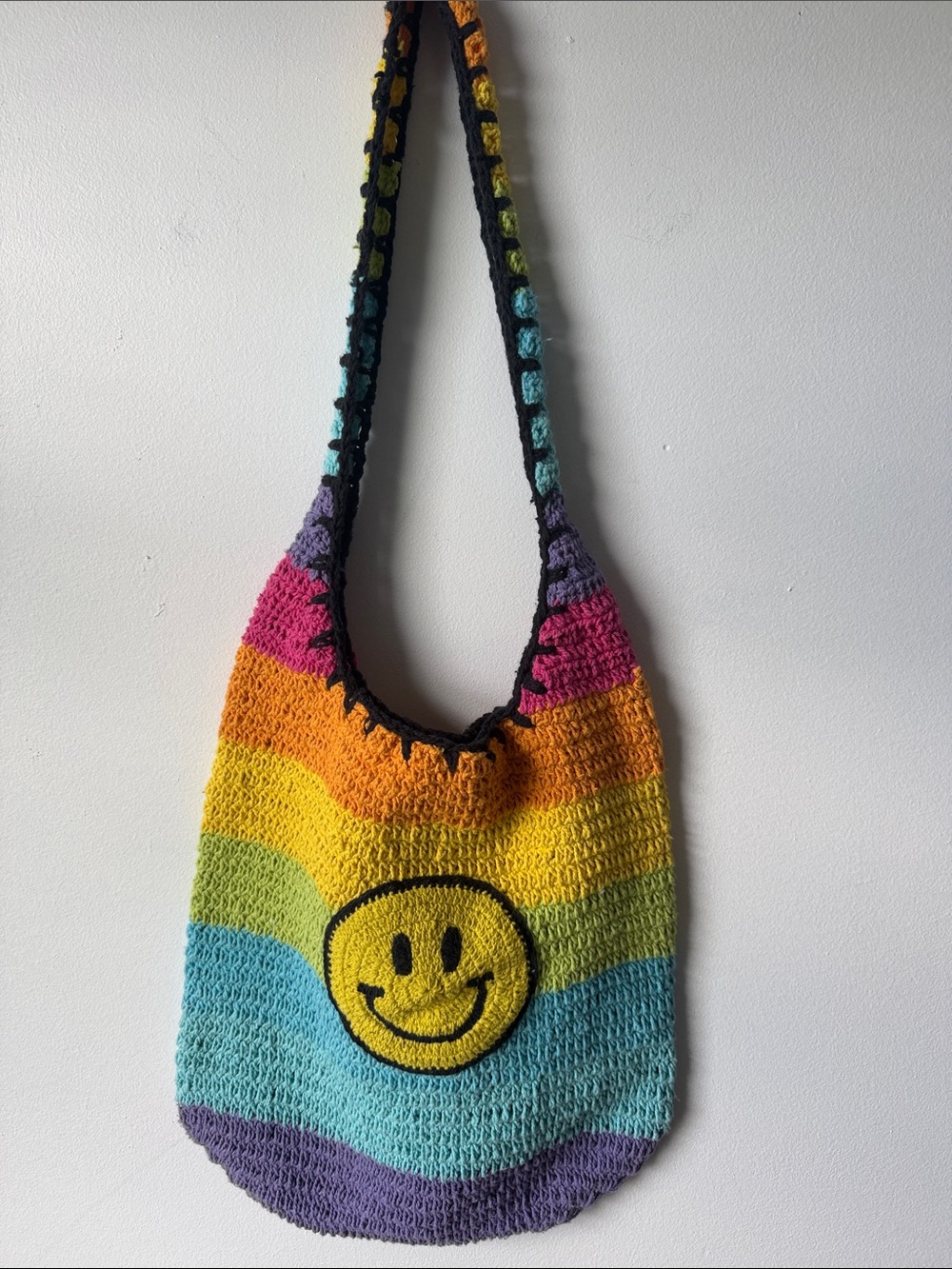Hand-Crocheted Rainbow Smiley Shoulder Bag - Multicolor